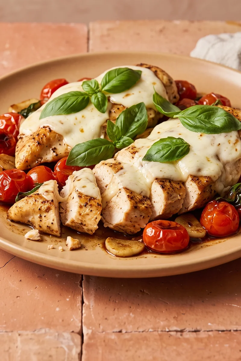 Caprese Chicken Skillet with Balsamic Tomatoes - Pan chicken smothered in mozzarella over burst balsamic tomatoes and basil