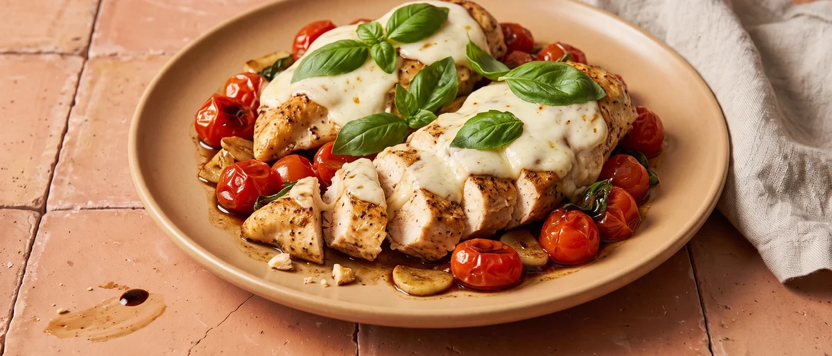 Caprese Chicken Skillet with Balsamic Tomatoes - Pan chicken smothered in mozzarella over burst balsamic tomatoes and basil