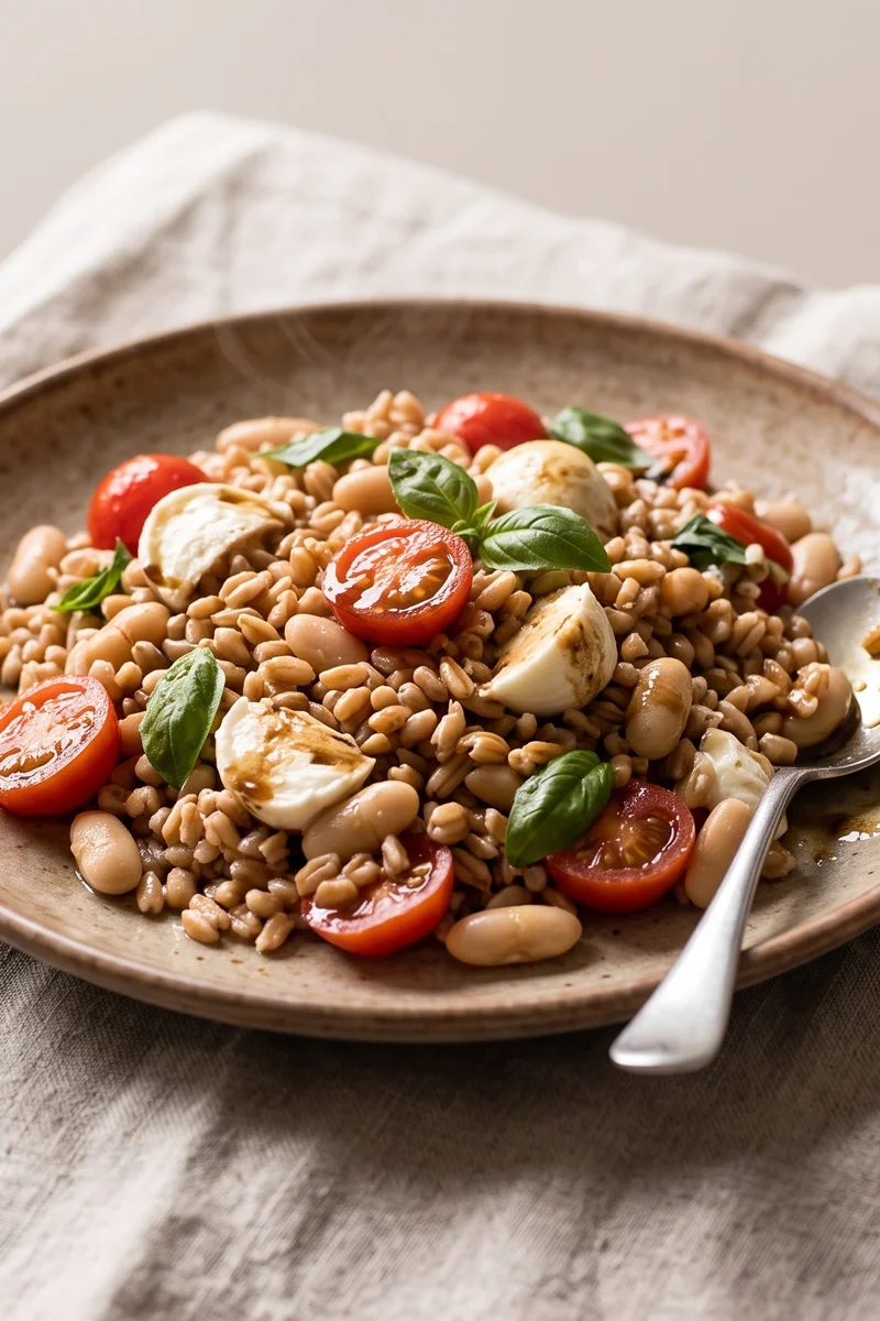 Caprese Farro Bowl with White Beans - Chewy farro with mozzarella, tomatoes, basil and white beans in a balsamic dressing