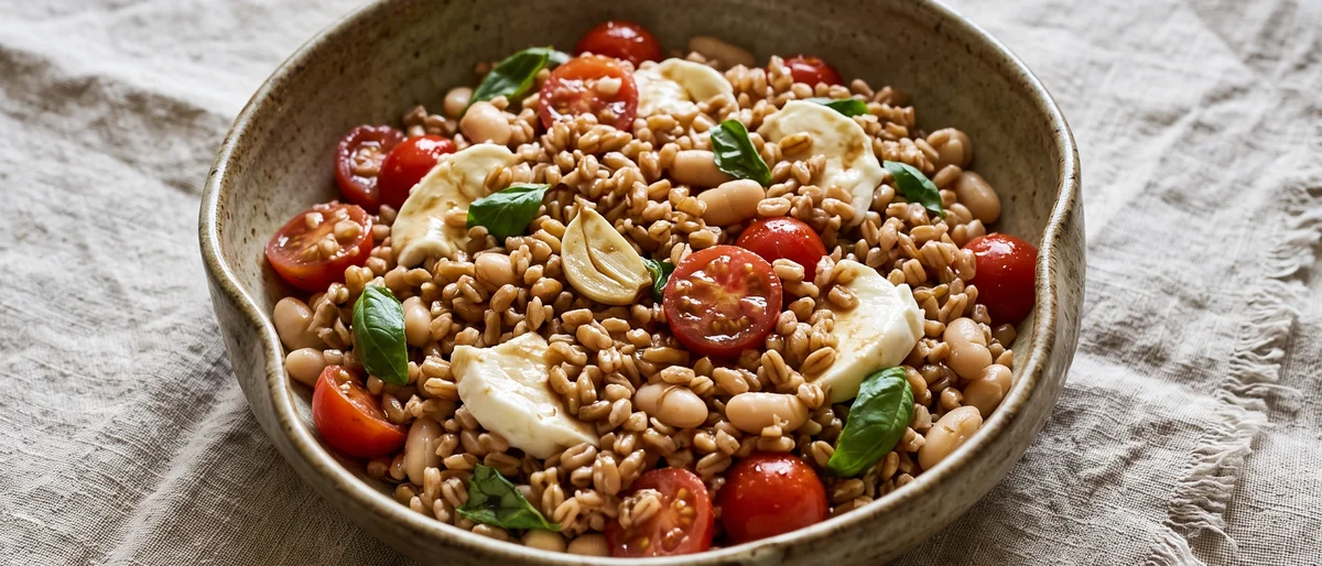 Caprese Farro Bowl with White Beans - Chewy farro with mozzarella, tomatoes, basil and white beans in a balsamic dressing