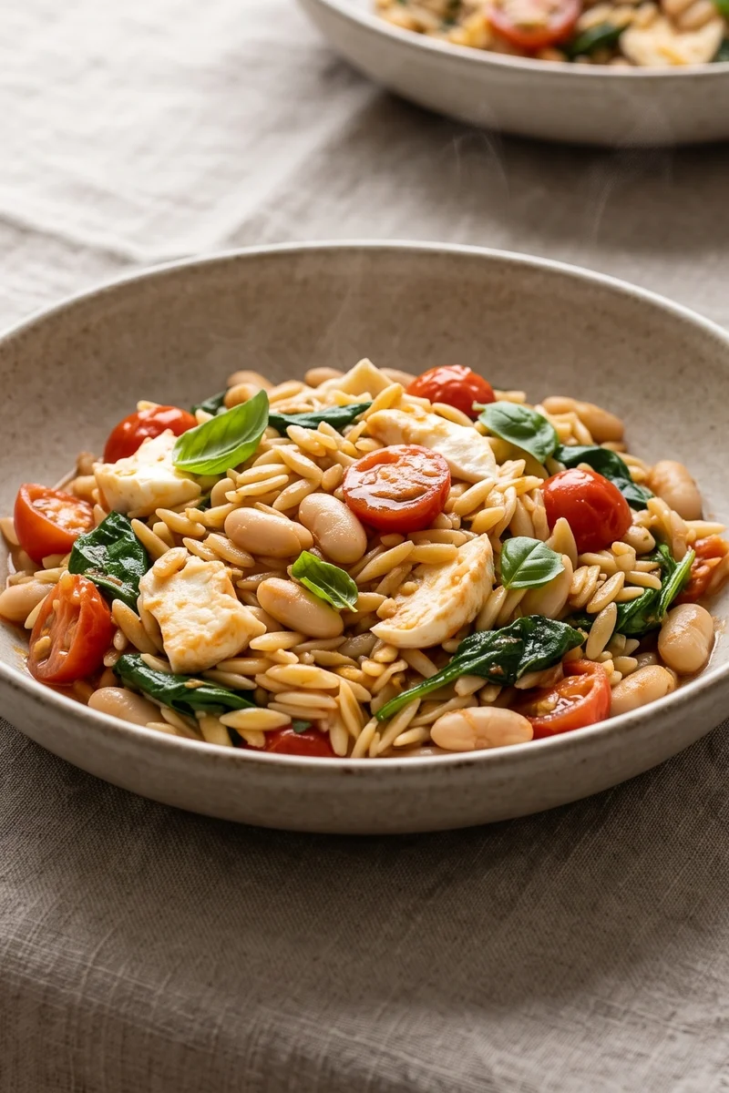 Caprese Orzo with White Beans & Spinach - Warm orzo folded with mozzarella, tomatoes, spinach and white beans