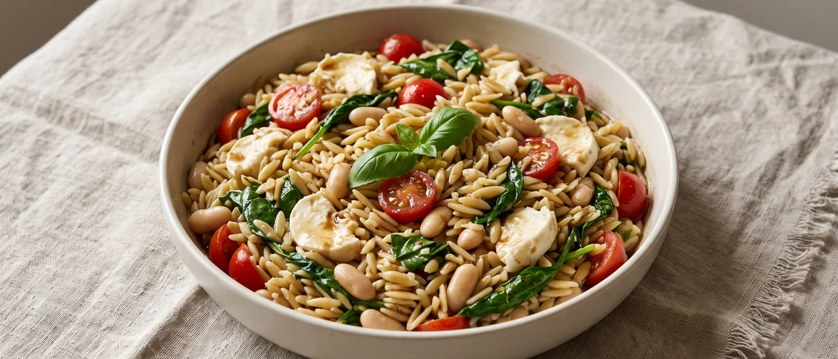 Caprese Orzo with White Beans & Spinach - Warm orzo folded with mozzarella, tomatoes, spinach and white beans