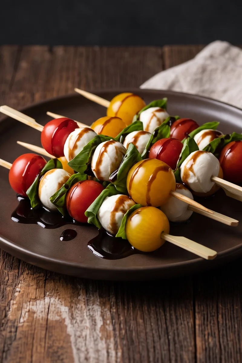 Caprese Skewers with Balsamic Glaze - Mozzarella pearls, tomatoes and basil on picks with a sticky balsamic drizzle