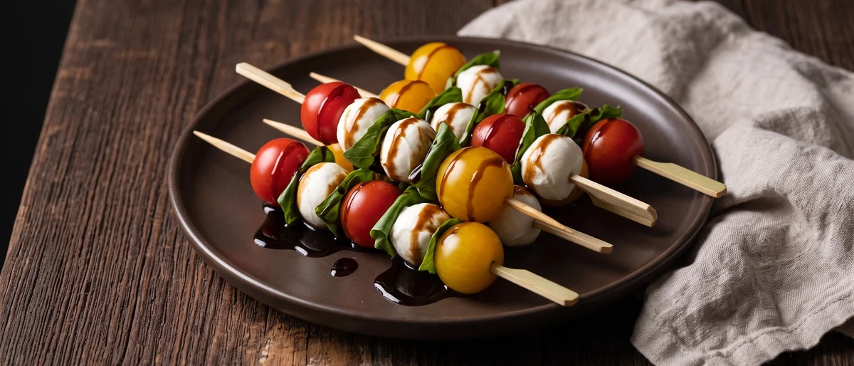 Caprese Skewers with Balsamic Glaze - Mozzarella pearls, tomatoes and basil on picks with a sticky balsamic drizzle