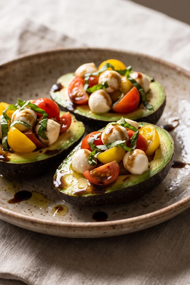 Caprese Stuffed Avocados with Balsamic - Avocado halves filled with mozzarella pearls, tomatoes and basil under balsamic