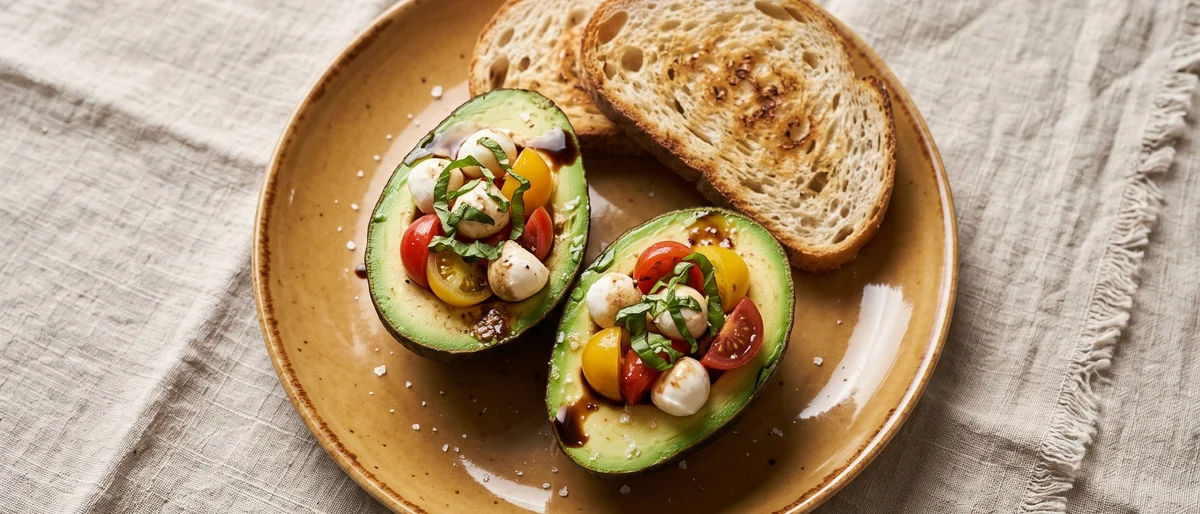 Caprese Stuffed Avocados with Balsamic - Avocado halves filled with mozzarella pearls, tomatoes and basil under balsamic
