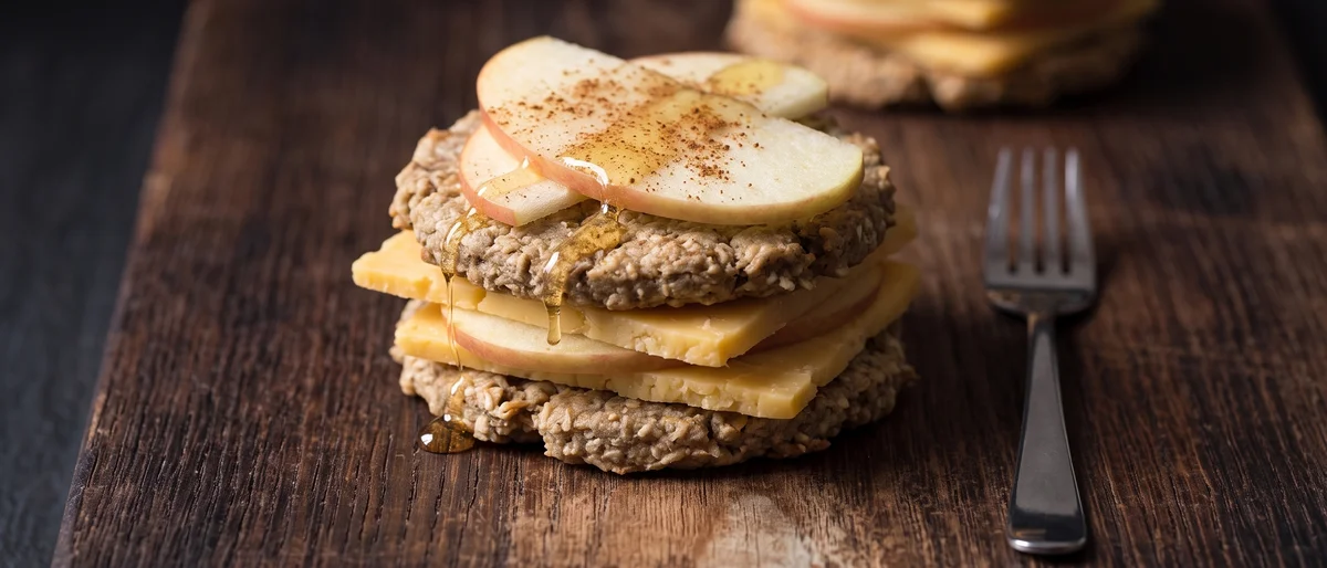 Cheddar & Apple Oatcake Stacks - Oatcakes stacked with sharp cheddar, crisp apple and a thread of honey