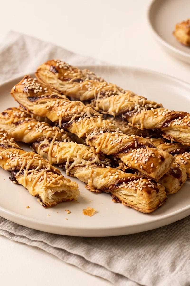 Cheesy Marmite Puff Pastry Straws - Twisted puff pastry straws with Marmite and cheddar
