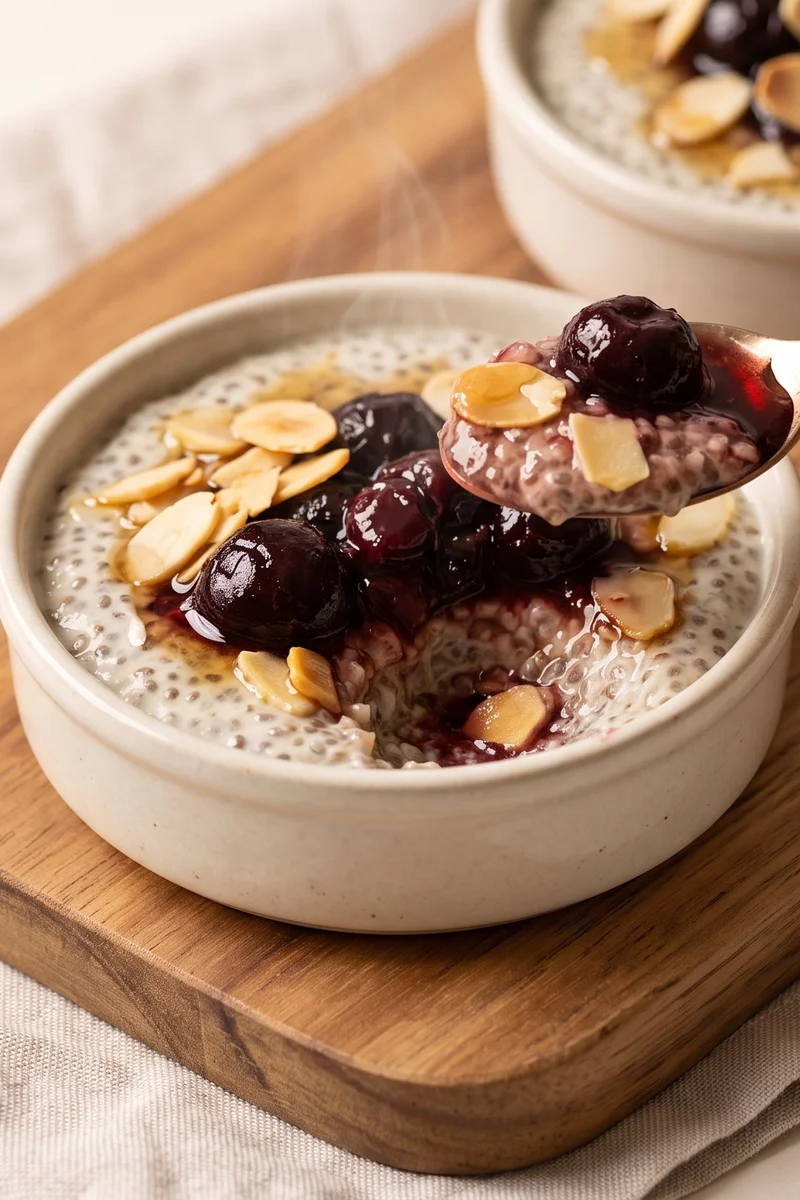 Cherry & Almond Chia Pudding - Vanilla chia pudding under a spoon of warm cherry compote and toasted almonds
