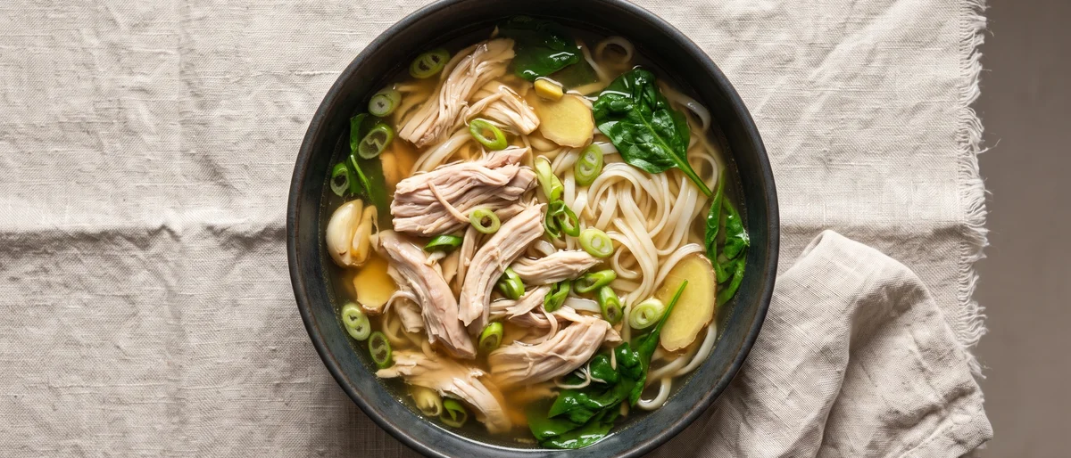Chicken & Ginger Broth with Noodles - A restorative ginger-laced chicken broth