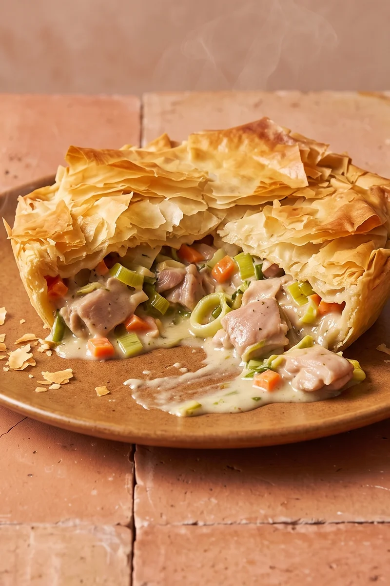 Chicken & Leek Pot Pie with Filo Crunch - Creamy chicken and leek filling under shattering filo sheets