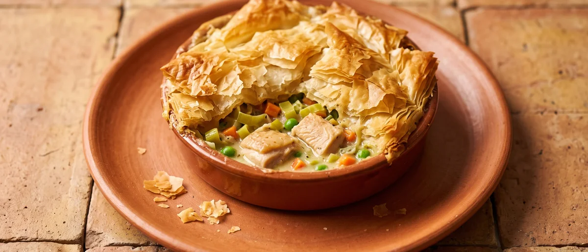 Chicken & Leek Pot Pie with Filo Crunch - Creamy chicken and leek filling under shattering filo sheets