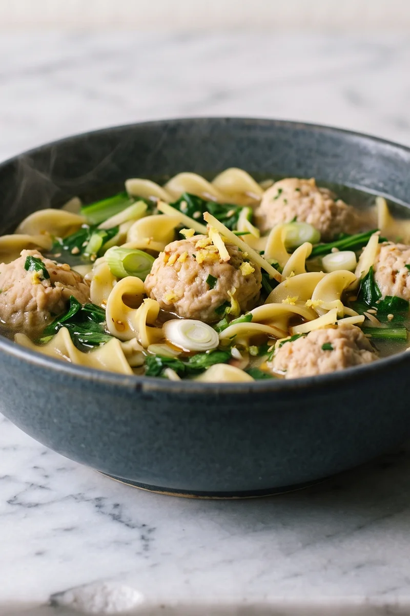 Chicken & Vegetable Dumpling-Style Noodle Soup - Ginger-poached chicken and wontons' spirit without the wrapping: plump chicken meatballs in a scallion broth with noodles and greens.