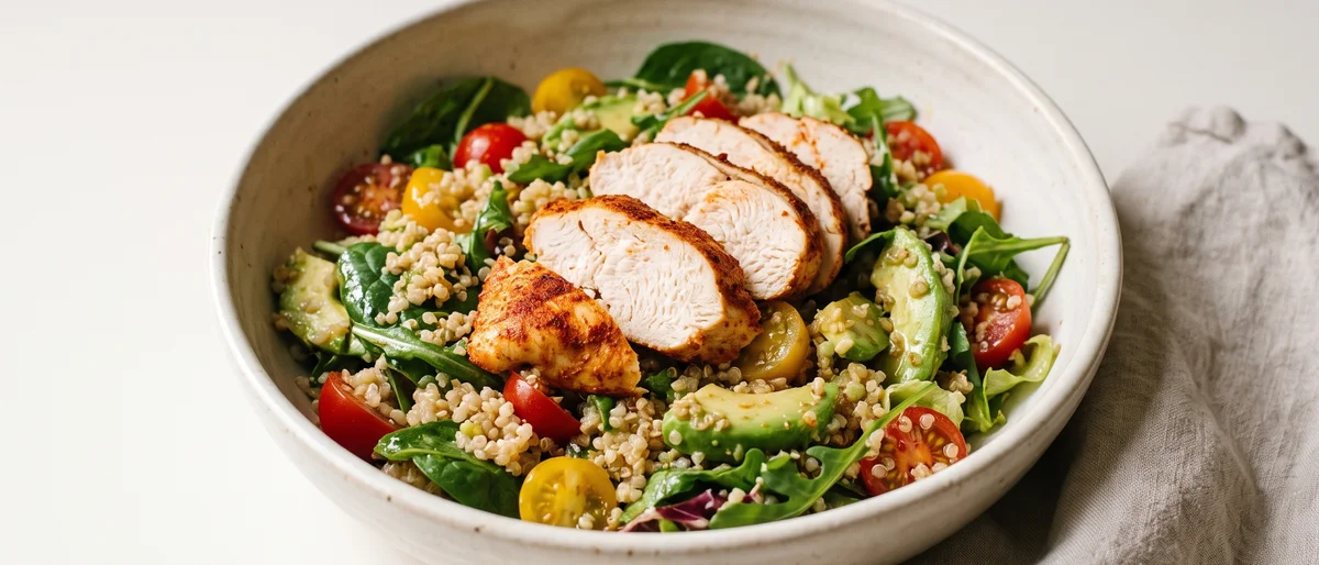 Chicken, Avocado & Quinoa Bowl - Paprika-rubbed chicken sliced over quinoa with avocado, tomatoes and leaves in a lime dressing
