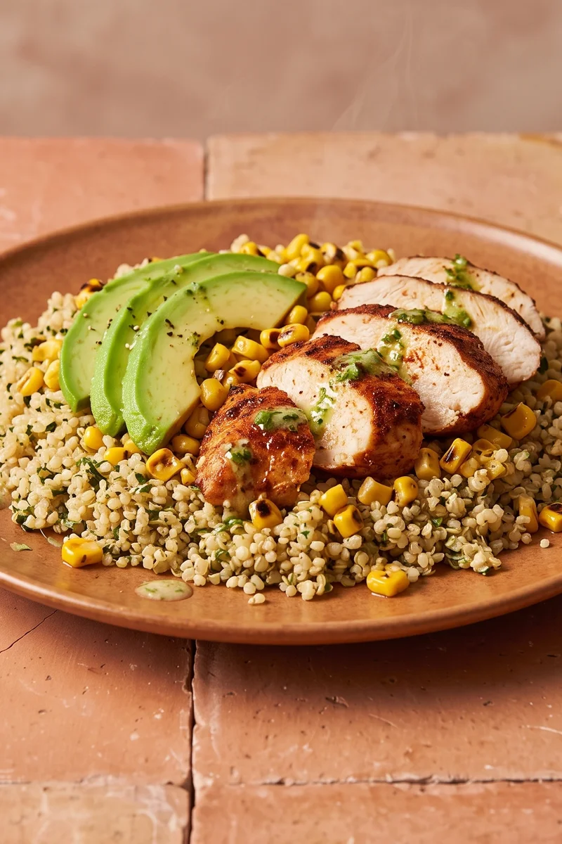 Chicken, Avocado & Quinoa Lunch Bowl - Herby quinoa under sliced chicken, avocado and charred corn with a lime dressing