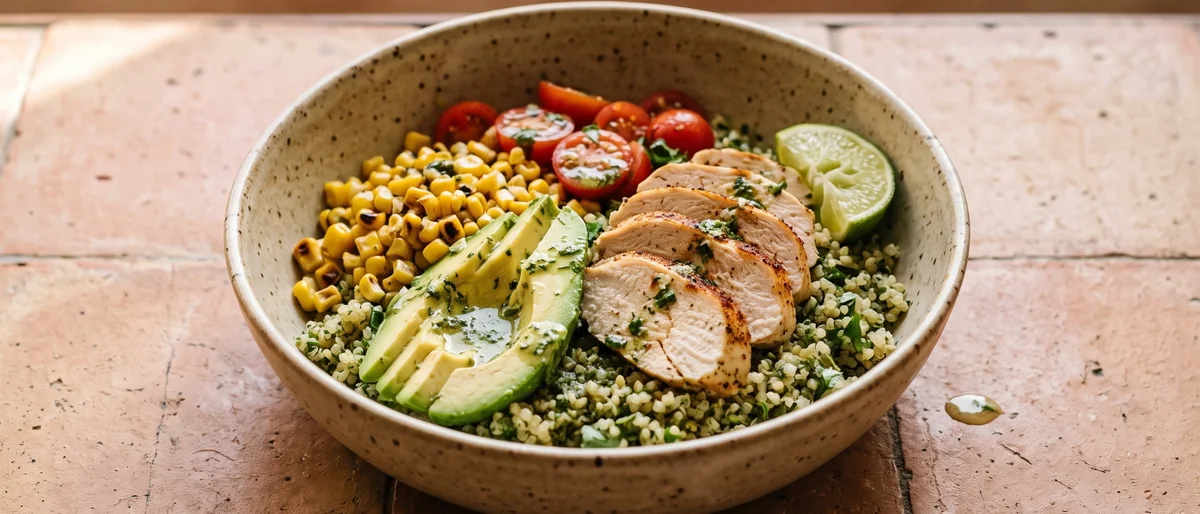 Chicken, Avocado & Quinoa Lunch Bowl - Herby quinoa under sliced chicken, avocado and charred corn with a lime dressing