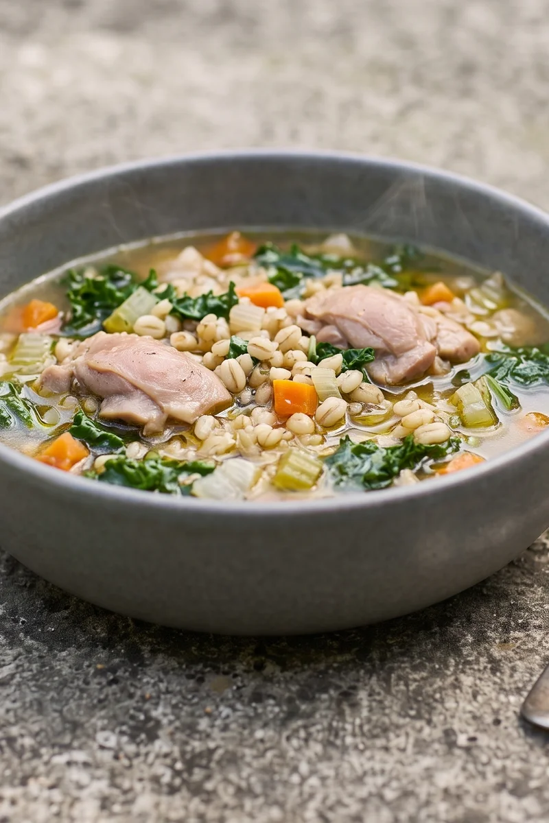 Chicken, Barley & Kale Soup - A restorative pot of chicken thighs, pearl barley and kale