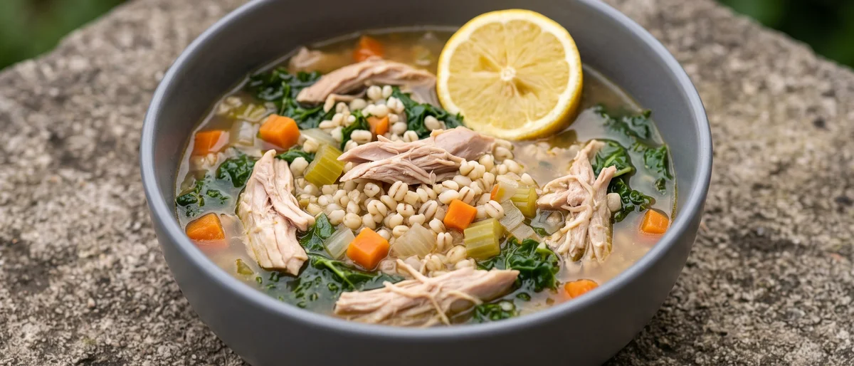 Chicken, Barley & Kale Soup - A restorative pot of chicken thighs, pearl barley and kale