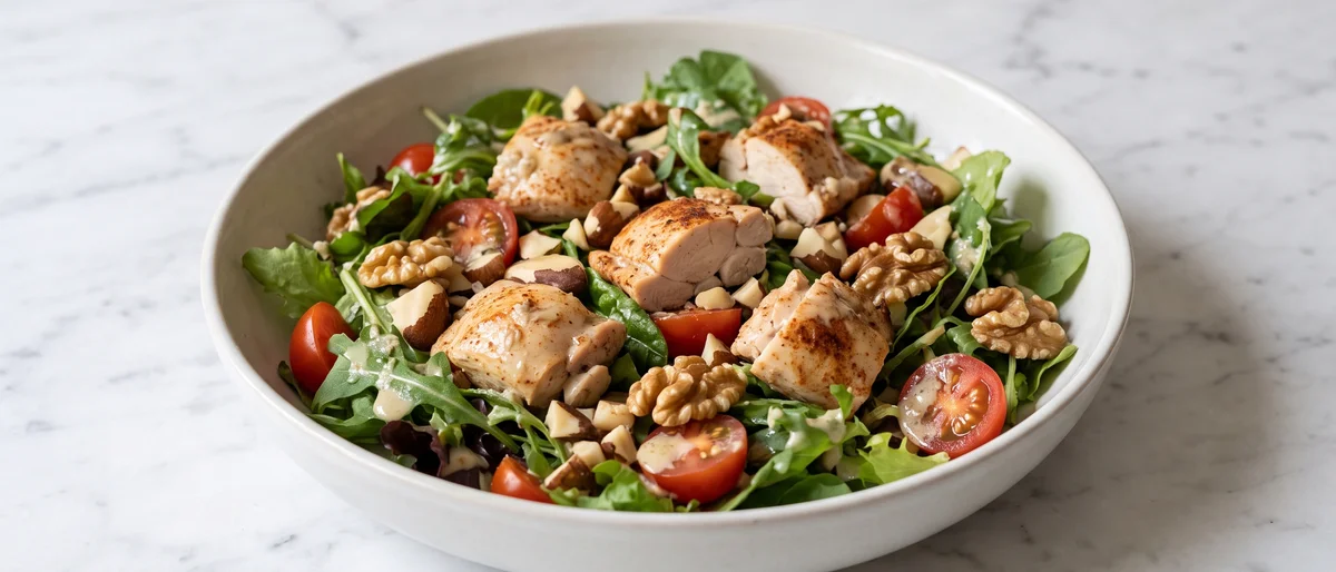 Chicken, Brazil Nut & Walnut Salad with Tahini - Paprika chicken over crisp leaves with Brazil nuts, walnuts and a lemony tahini dressing