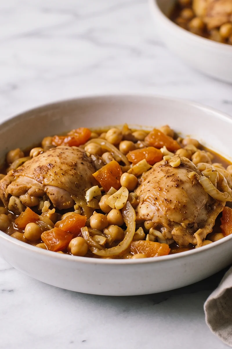 Chicken, Chickpea & Apricot Tagine-Style Pot - Chicken thighs simmered with chickpeas, apricots and warm spices