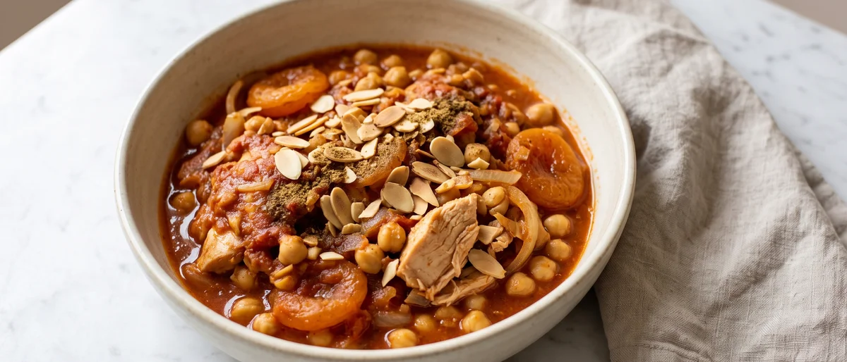 Chicken, Chickpea & Apricot Tagine-Style Pot - Chicken thighs simmered with chickpeas, apricots and warm spices