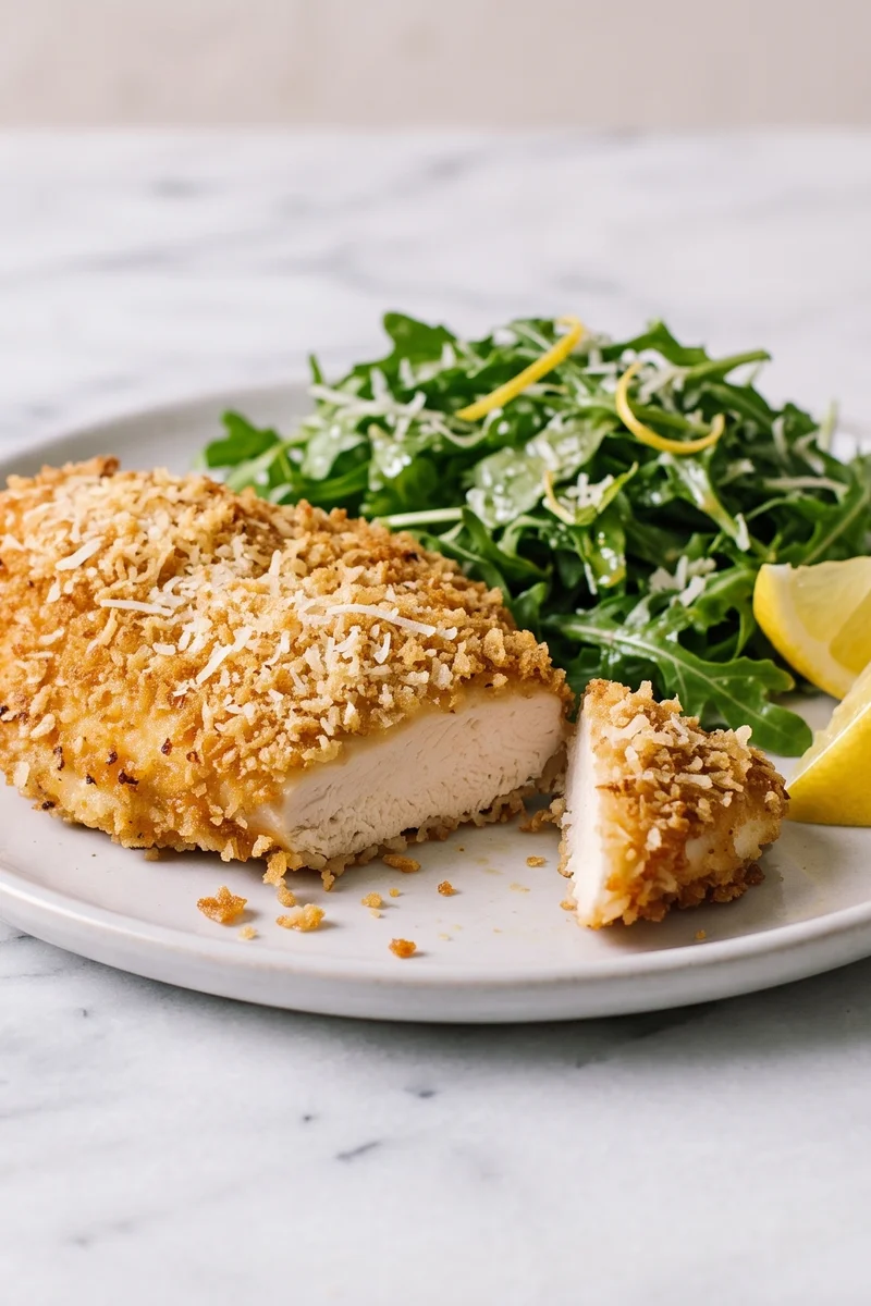 Chicken Milanese-Style with Lemon & Arugula (Baked) - Golden baked breaded chicken with a lemony arugula and Parmesan salad