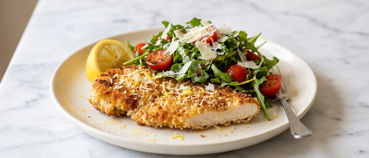 Chicken Milanese-Style with Lemon & Arugula (Baked) - Golden baked breaded chicken with a lemony arugula and Parmesan salad