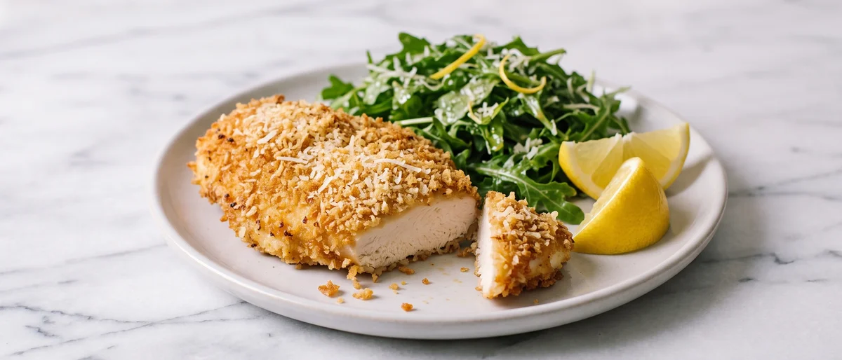 Chicken Milanese-Style with Lemon & Arugula (Baked) - Golden baked breaded chicken with a lemony arugula and Parmesan salad