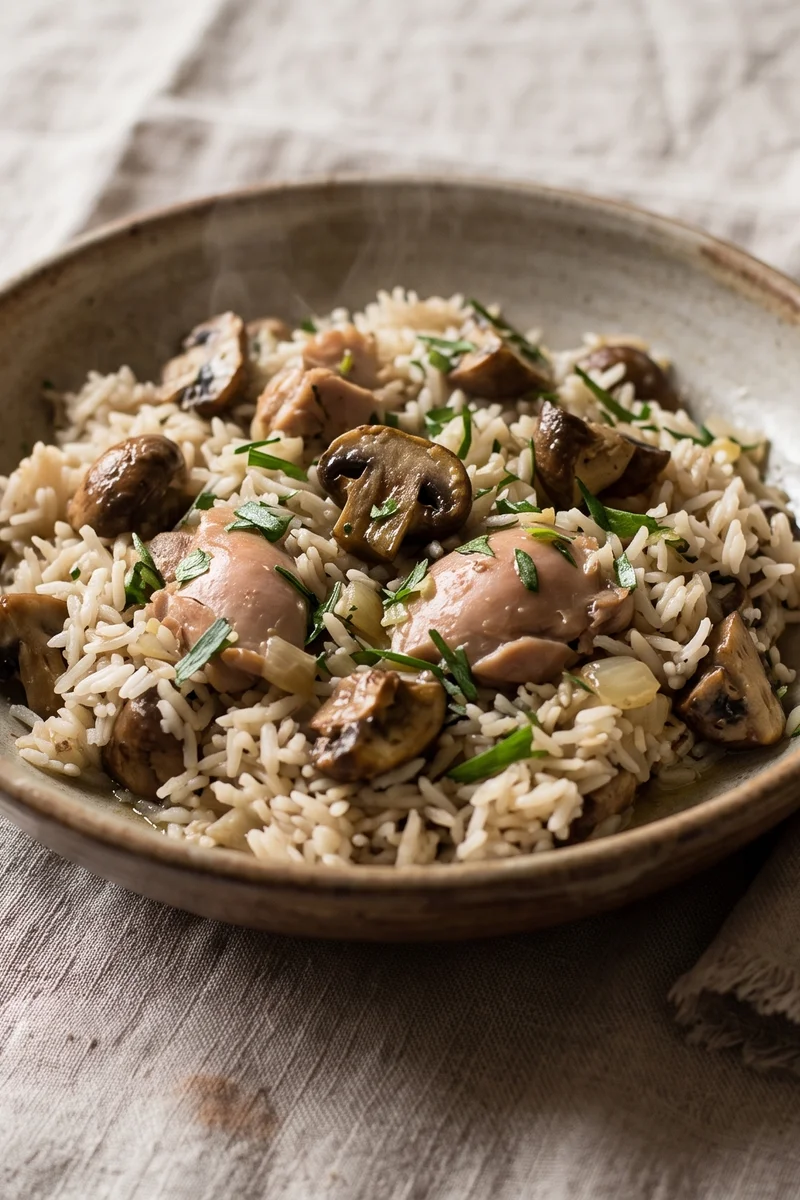 Chicken, Mushroom & Tarragon One-Pot Rice - Chicken thighs baked into herby mushroom rice