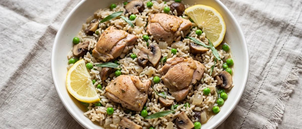 Chicken, Mushroom & Tarragon One-Pot Rice - Chicken thighs baked into herby mushroom rice