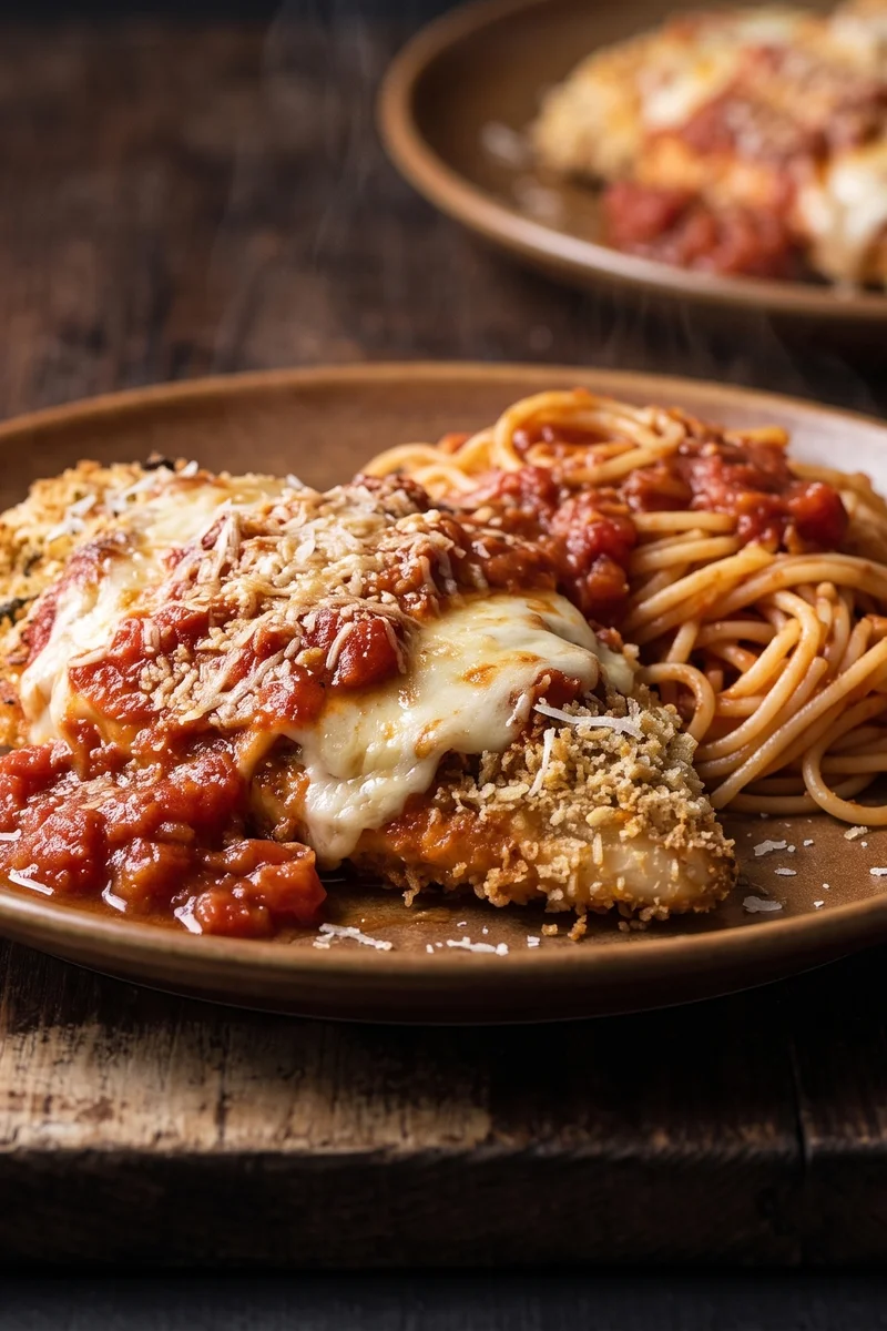 Chicken Parmigiana with Spaghetti - Crumbed chicken baked under tomato sauce and molten mozzarella with spaghetti