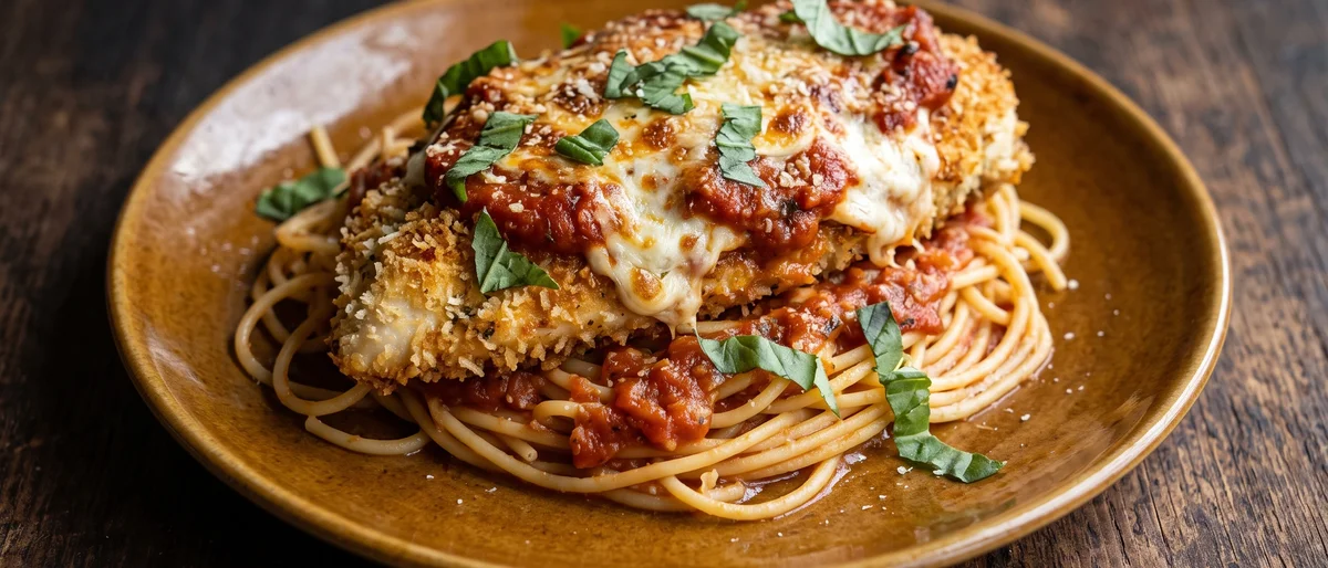 Chicken Parmigiana with Spaghetti - Crumbed chicken baked under tomato sauce and molten mozzarella with spaghetti