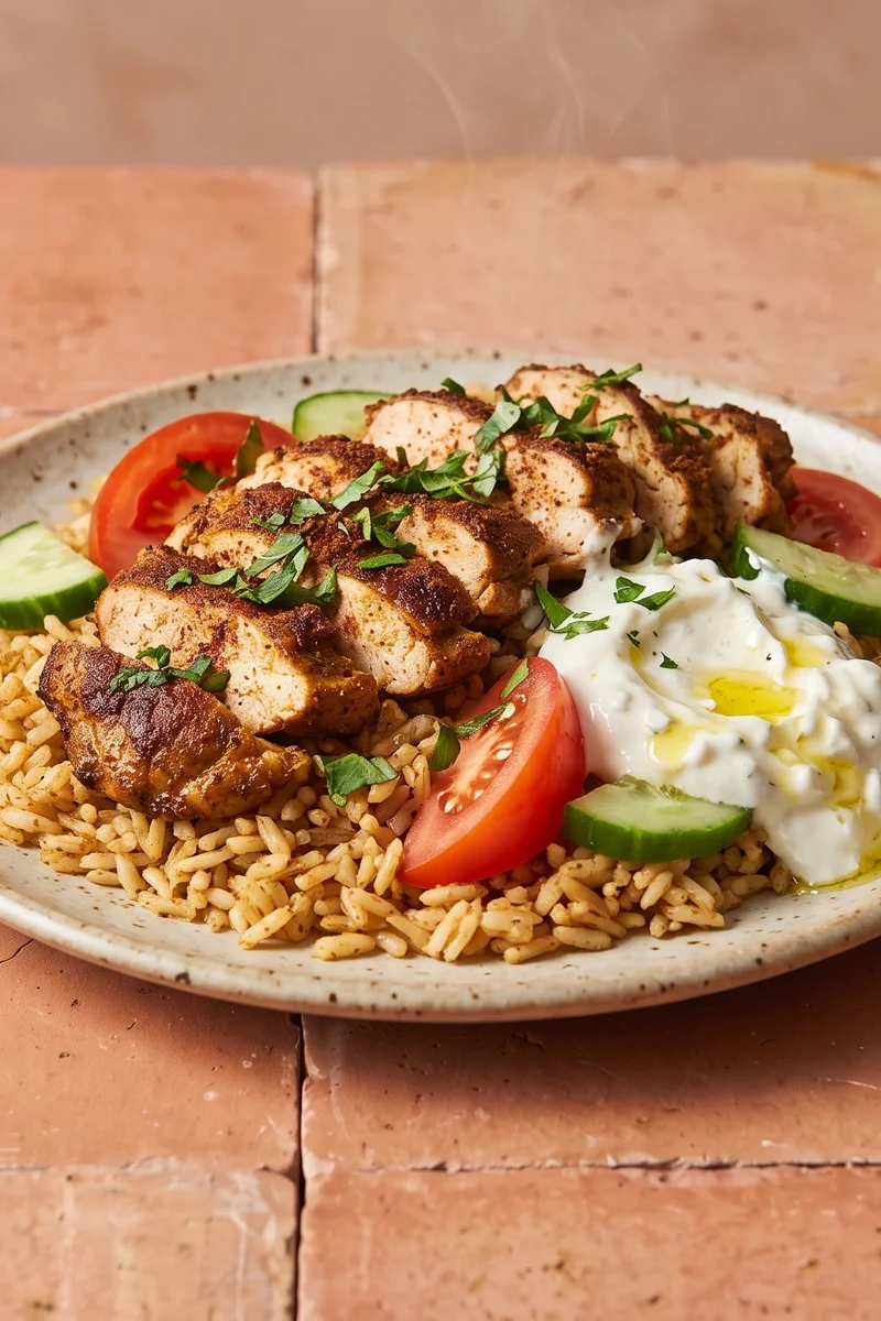 Chicken Shawarma-Style Bowls with Garlic Yogurt - Spiced roast chicken thighs over rice with tomatoes, cucumber and garlic yogurt