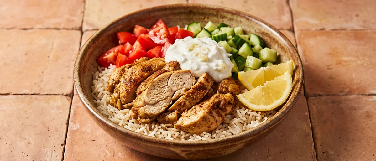 Chicken Shawarma-Style Bowls with Garlic Yogurt - Spiced roast chicken thighs over rice with tomatoes, cucumber and garlic yogurt