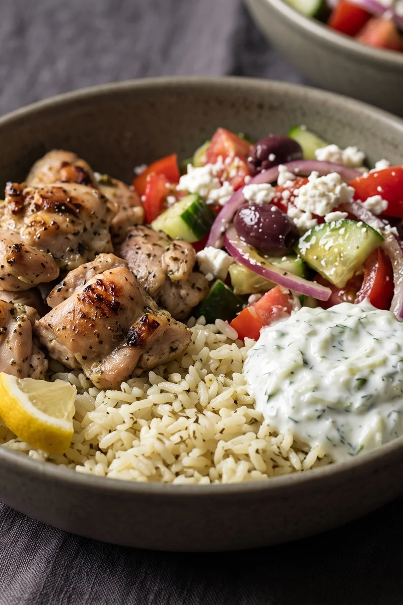 Chicken Souvlaki Bowls with Tzatziki - Lemon-oregano chicken over a full Greek salad with garlicky tzatziki