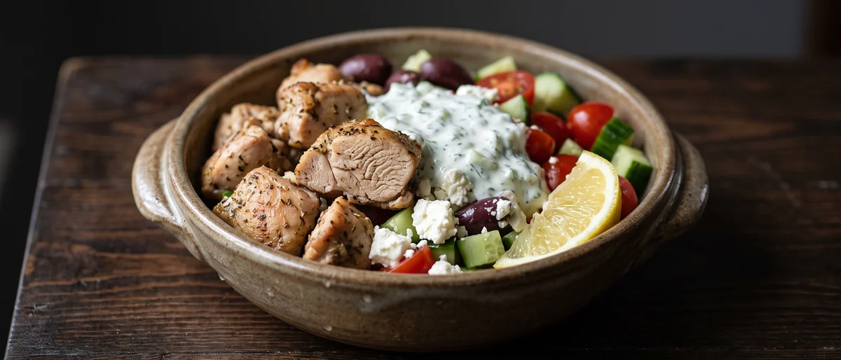 Chicken Souvlaki Bowls with Tzatziki - Lemon-oregano chicken over a full Greek salad with garlicky tzatziki