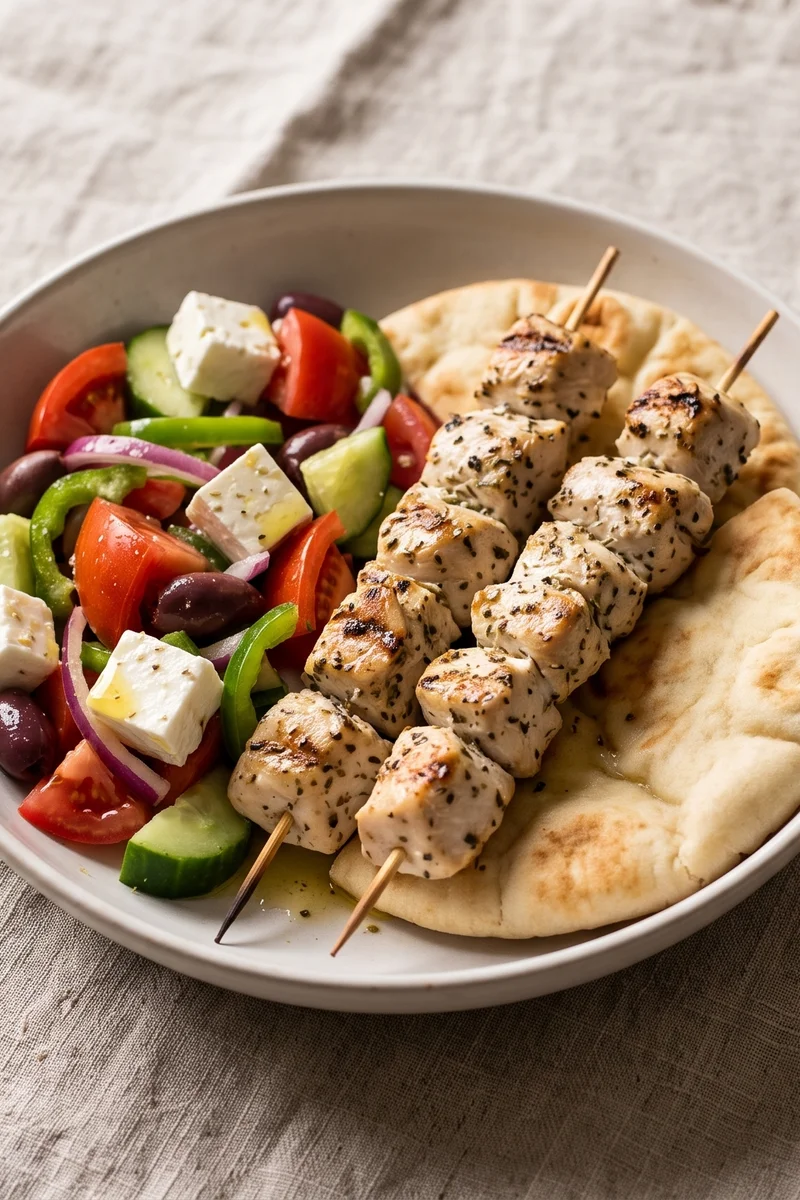 Chicken Souvlaki-Style Skewers with Greek Salad & Pitas - Lemon-oregano chicken skewers with a proper Greek salad and warm pitas