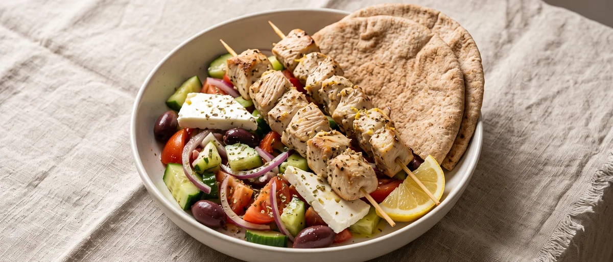 Chicken Souvlaki-Style Skewers with Greek Salad & Pitas - Lemon-oregano chicken skewers with a proper Greek salad and warm pitas