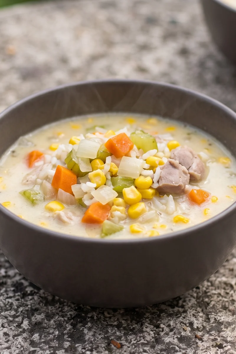 Chicken, Sweetcorn & Rice Soup (Big Batch) - A gently creamy chicken, sweetcorn and rice soup made in quantity