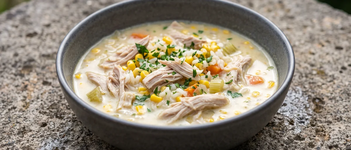 Chicken, Sweetcorn & Rice Soup (Big Batch) - A gently creamy chicken, sweetcorn and rice soup made in quantity