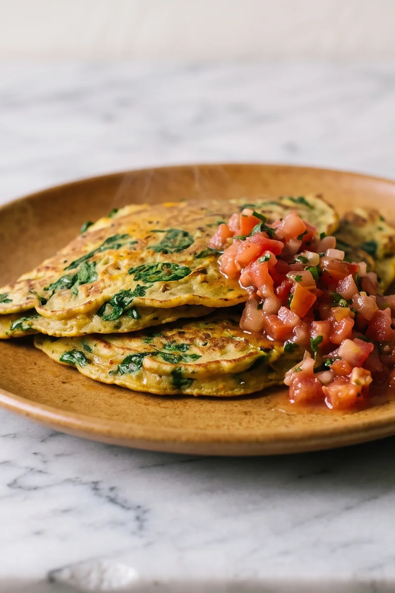 Chickpea Flour Pancakes with Spinach & Tomato - Savory gluten-free pancakes from chickpea flour, griddled with spinach and served with a quick tomato salsa