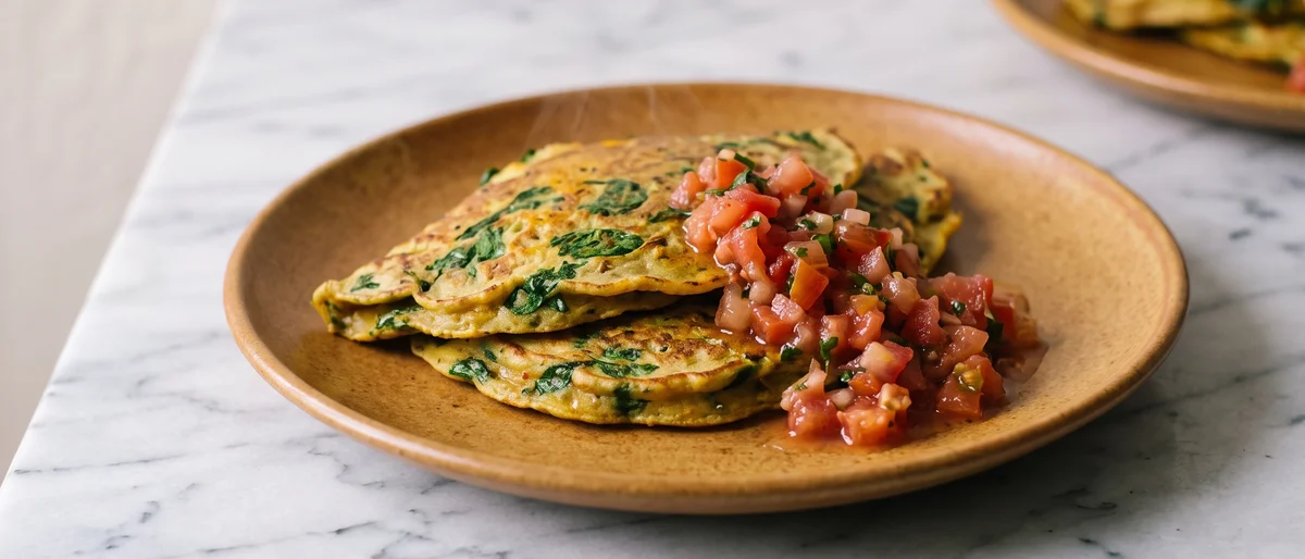 Chickpea Flour Pancakes with Spinach & Tomato - Savory gluten-free pancakes from chickpea flour, griddled with spinach and served with a quick tomato salsa