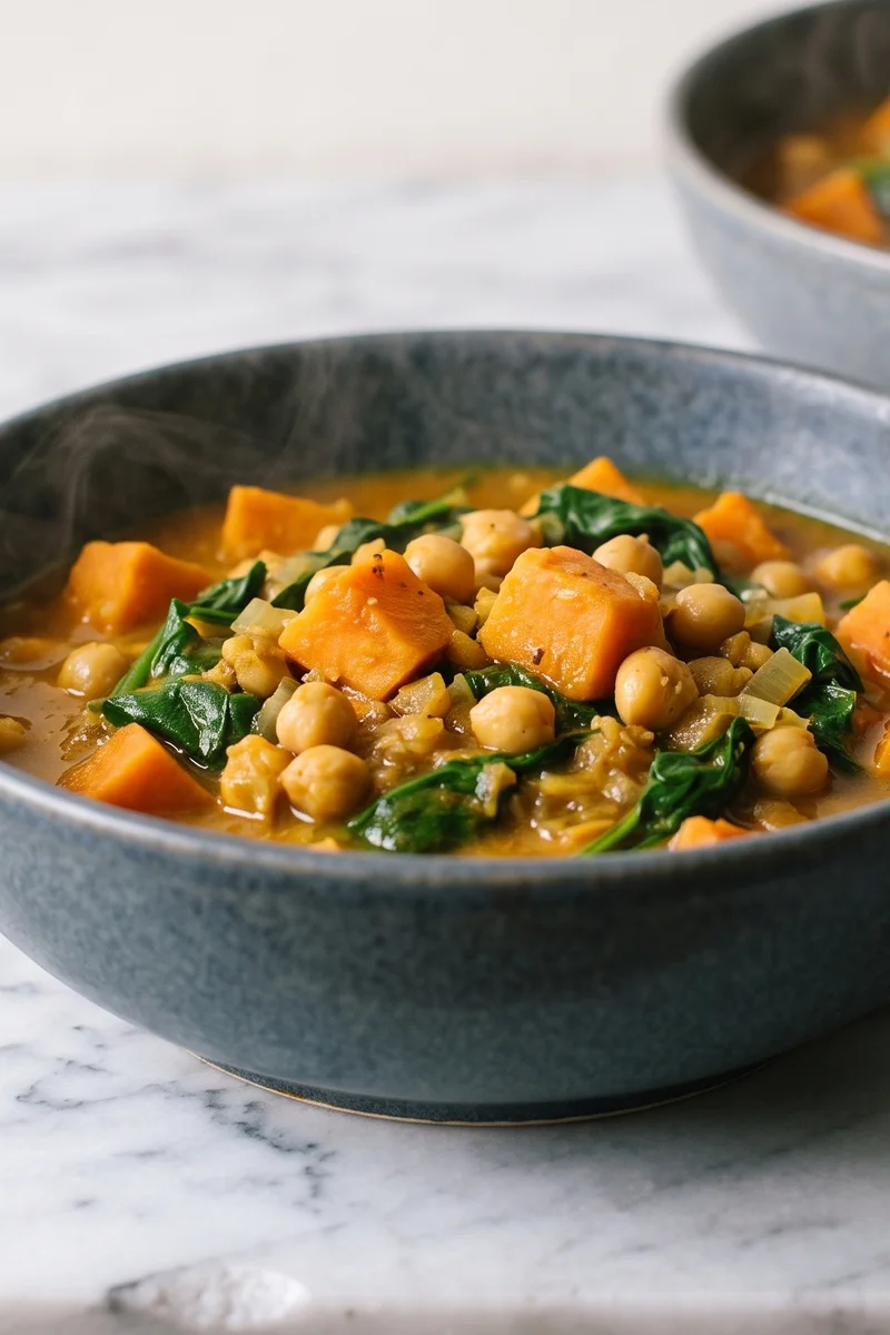Chickpea, Spinach & Sweet Potato Curry - A gently spiced coconut curry of chickpeas, sweet potato and spinach