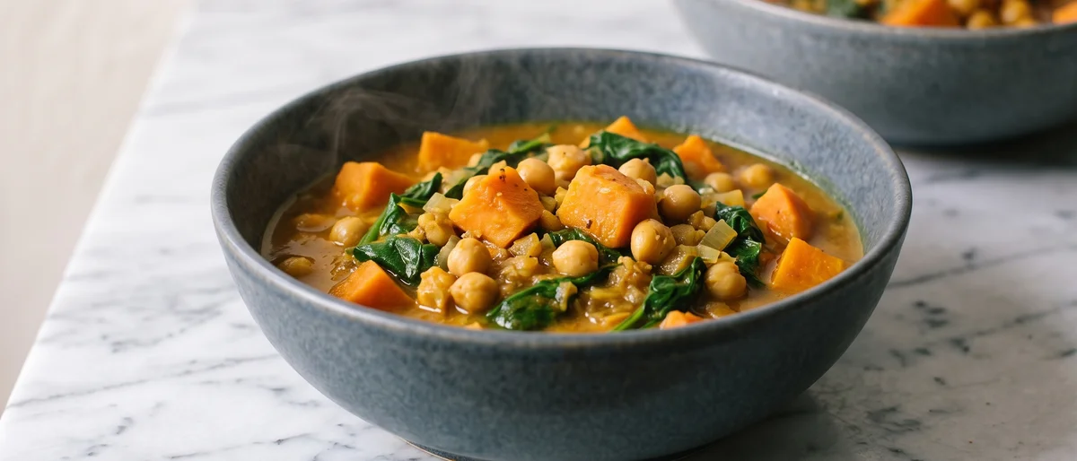 Chickpea, Spinach & Sweet Potato Curry - A gently spiced coconut curry of chickpeas, sweet potato and spinach