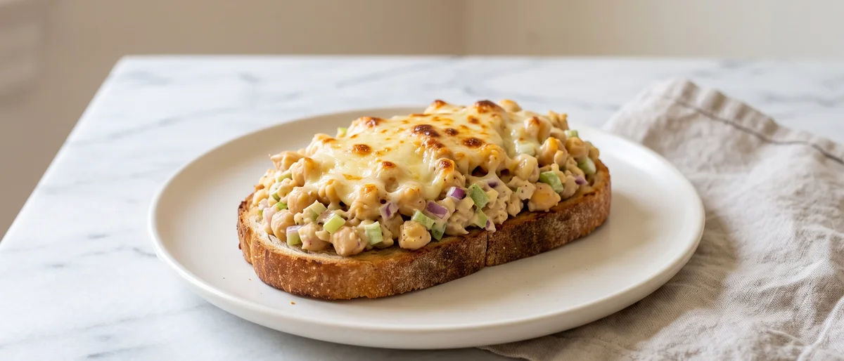 Chickpea "Tuna" Melts - Mashed chickpeas dressed like a deli tuna salad, piled on toast under bubbling cheddar
