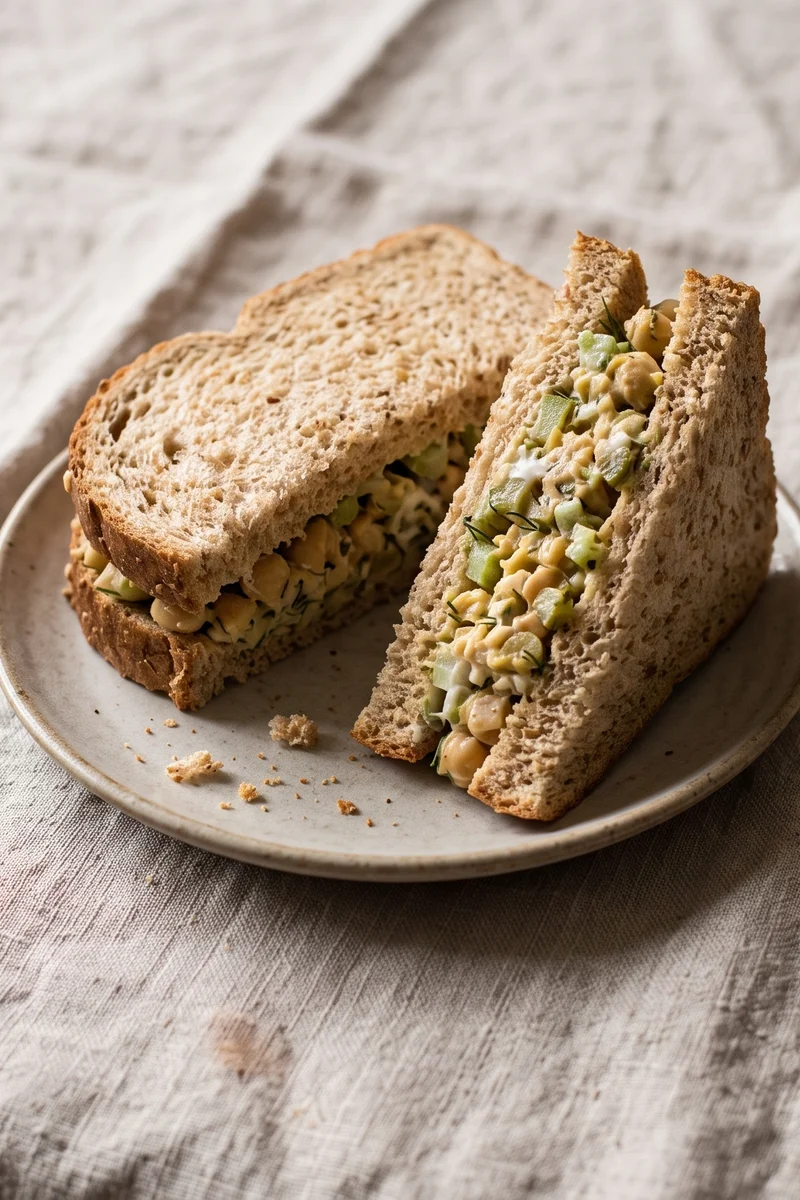 Chickpea 'Tuna-Style' Salad Sandwiches - Mashed chickpeas with yogurt, dill and celery in soft wholegrain bread
