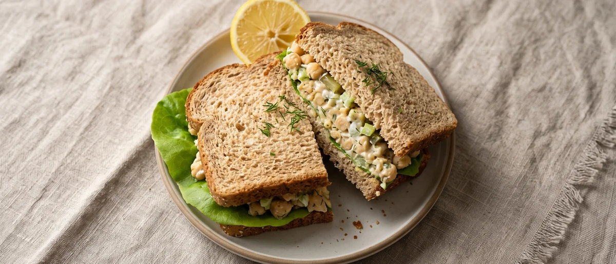 Chickpea 'Tuna-Style' Salad Sandwiches - Mashed chickpeas with yogurt, dill and celery in soft whole-grain bread