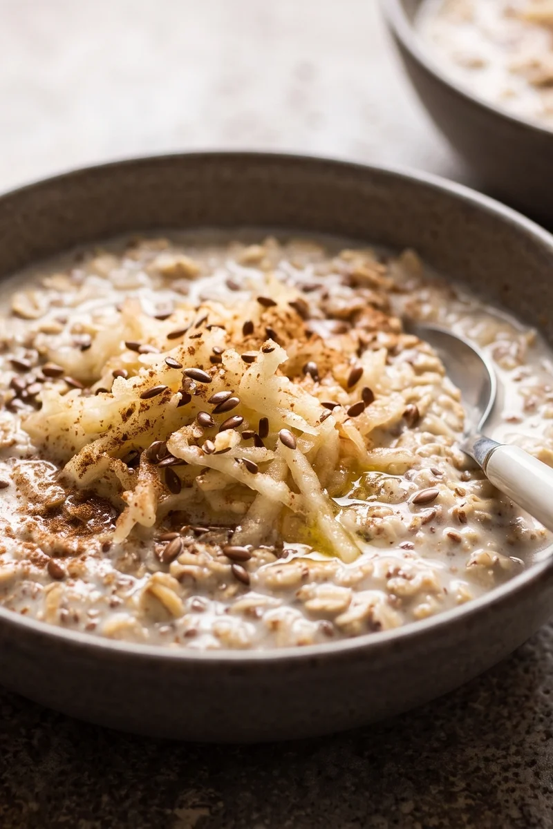 Cinnamon Apple & Flax Overnight Oats - Grated apple, cinnamon and flax stirred into creamy overnight oats