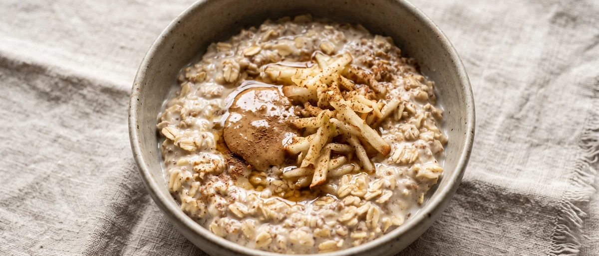 Cinnamon Apple & Flax Overnight Oats - Grated apple, cinnamon and flax stirred into creamy overnight oats