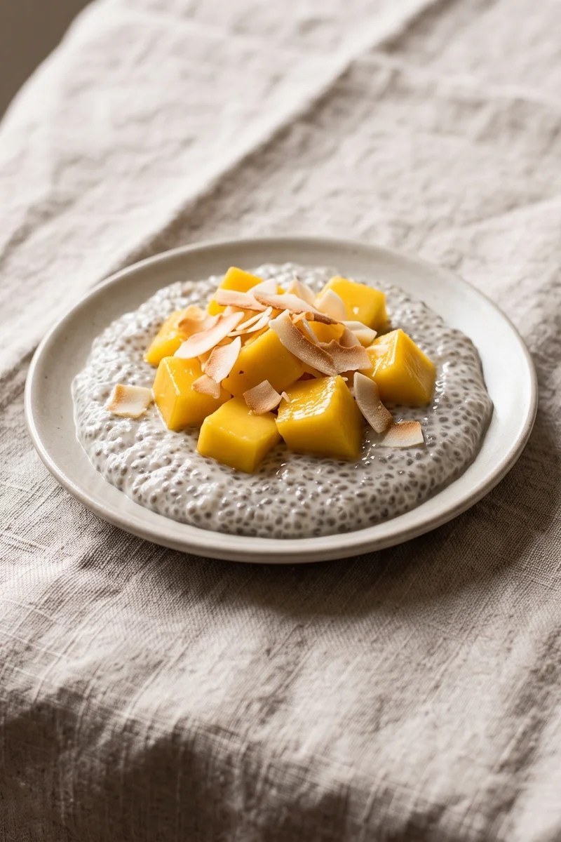 Coconut & Mango Chia Bowl - Chia pudding set in coconut milk under golden mango and toasted coconut
